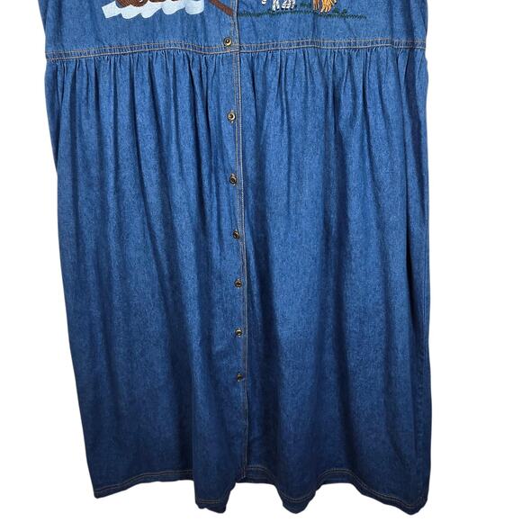 Vintage Denim Dress Womens 20 Noahs Ark Embroidered Jumper Talk America Modest - Picture 3 of 7